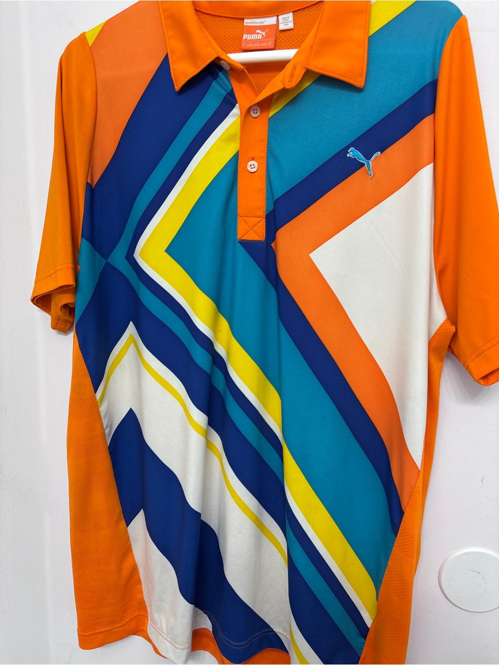 Summer Men’s Puma Golf Shirt XL USP Dry, Teal & Navy Geometric Polo 48 x 31